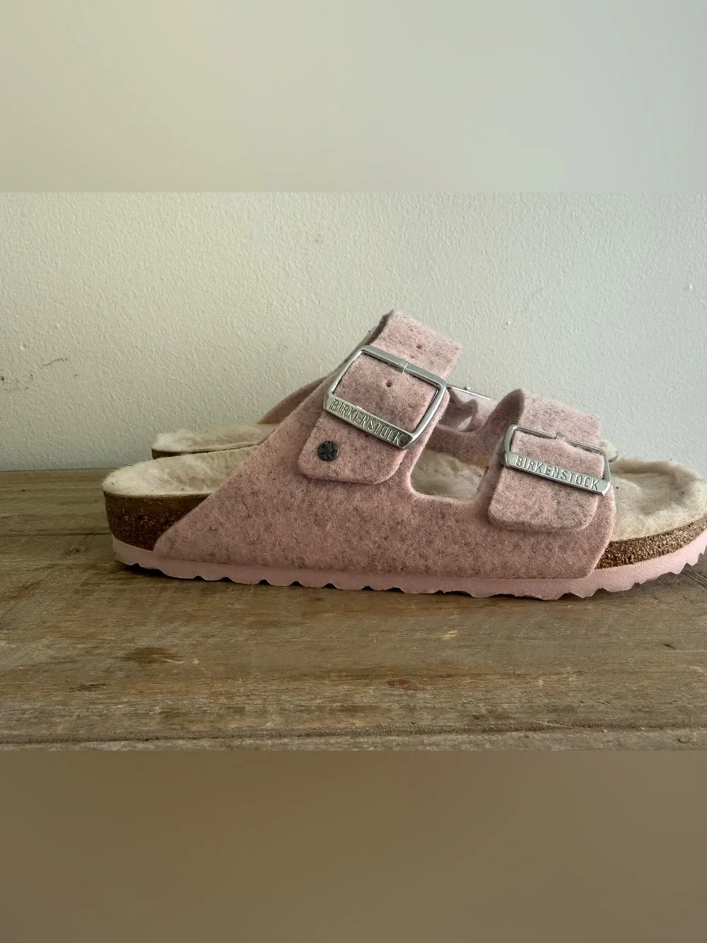 Birkenstock Pink Shearling Two-Strap Sandals